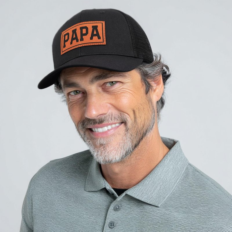 Great for Grandpa, Papa Gifts from Grandkids - Black Trucker Hat with Vintage Leather Patch