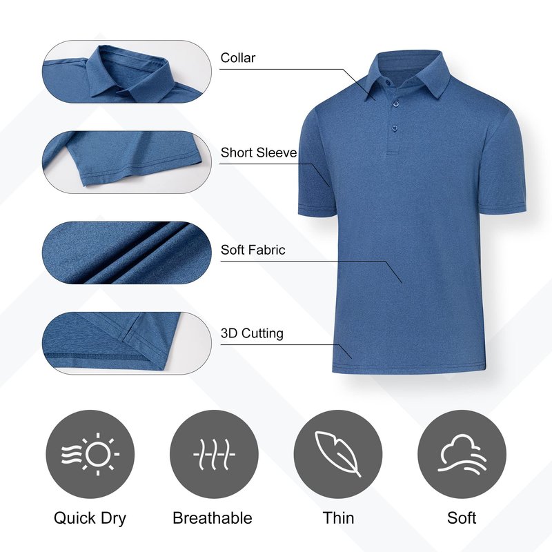 BALENNZ Men's Quick-Dry Athletic Polo Shirt 4 Pack - Moisture Wicking, Casual, Black/Grey/Navy, Large