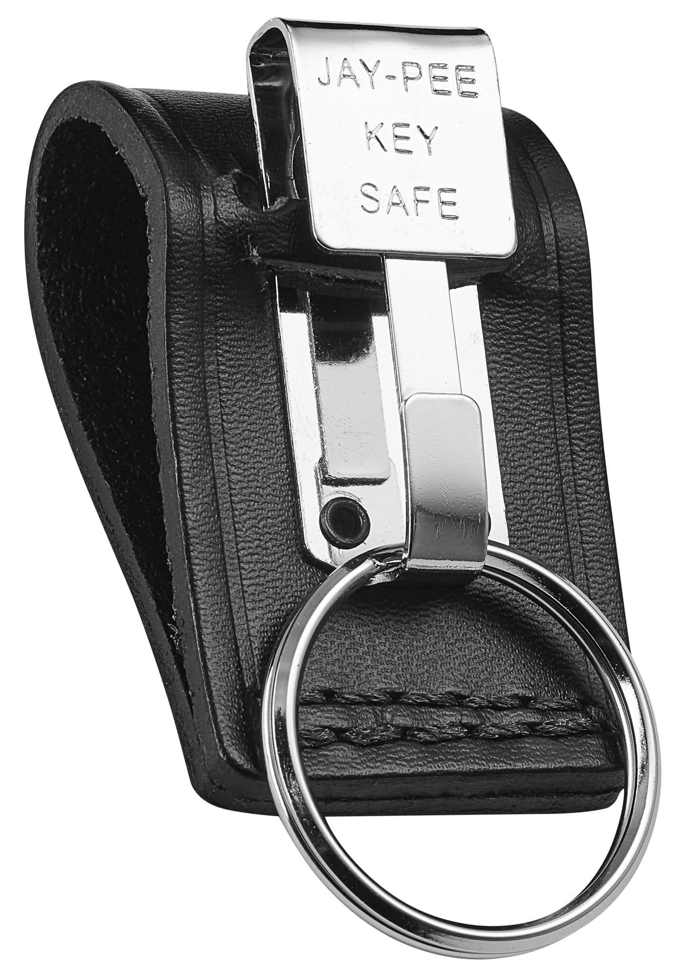 JAY-PEE Black Leather Duty Belt Key Holder, Officer Accessory, Law Enforcement Ring Carrier, Tactical Belt Loop Keychain Security with 1 Chrome Detachable Key Ring Safety Hook for up to 2.25" Belts