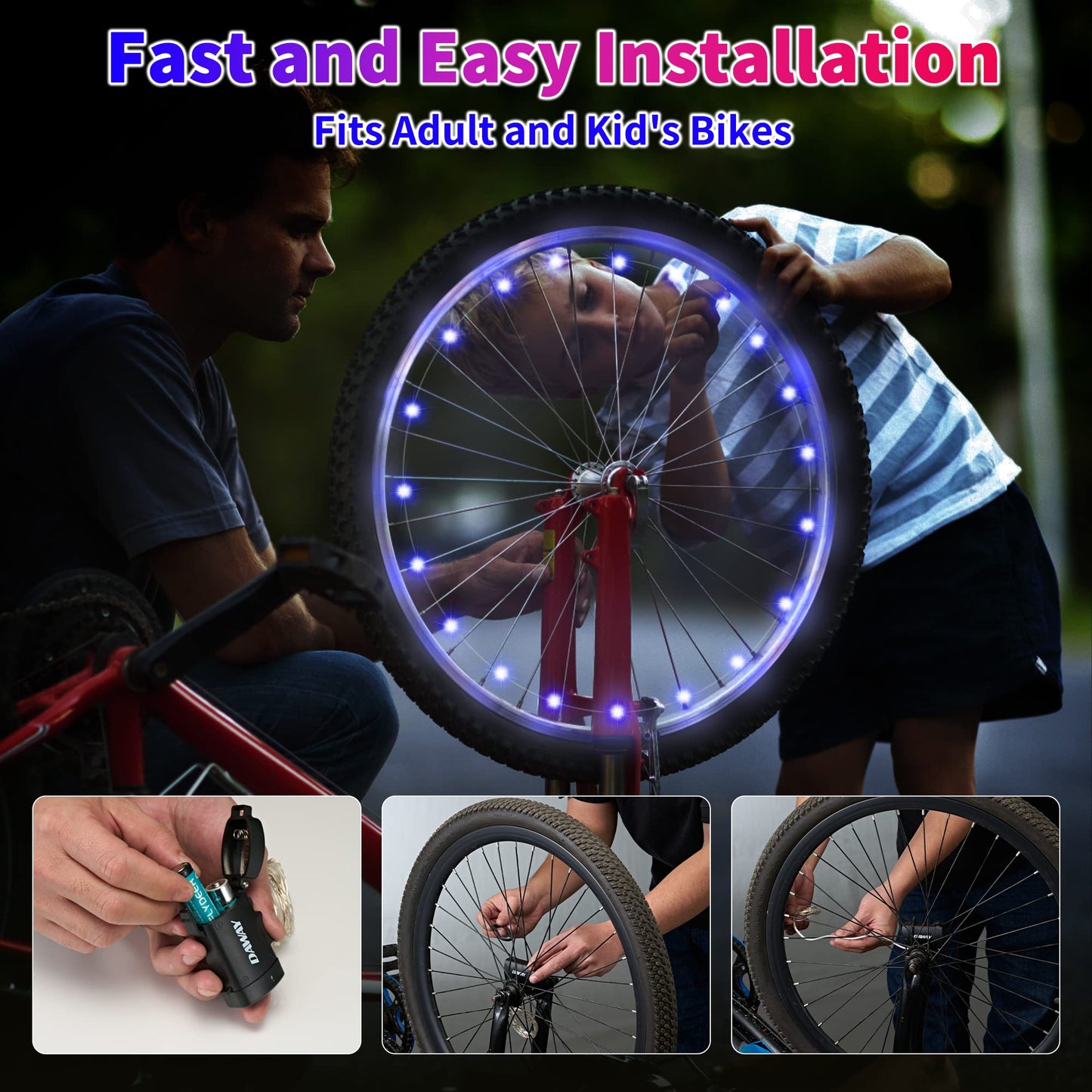 DAWAY A01 LED Bike Wheel Lights (2 Tires, Blue) - Bright Bicycle Spoke Lights, 2 Modes, Waterproof Safety Bike Tire Lights, Fun Night Riding Accessories, with Batteries for Kids & Adults