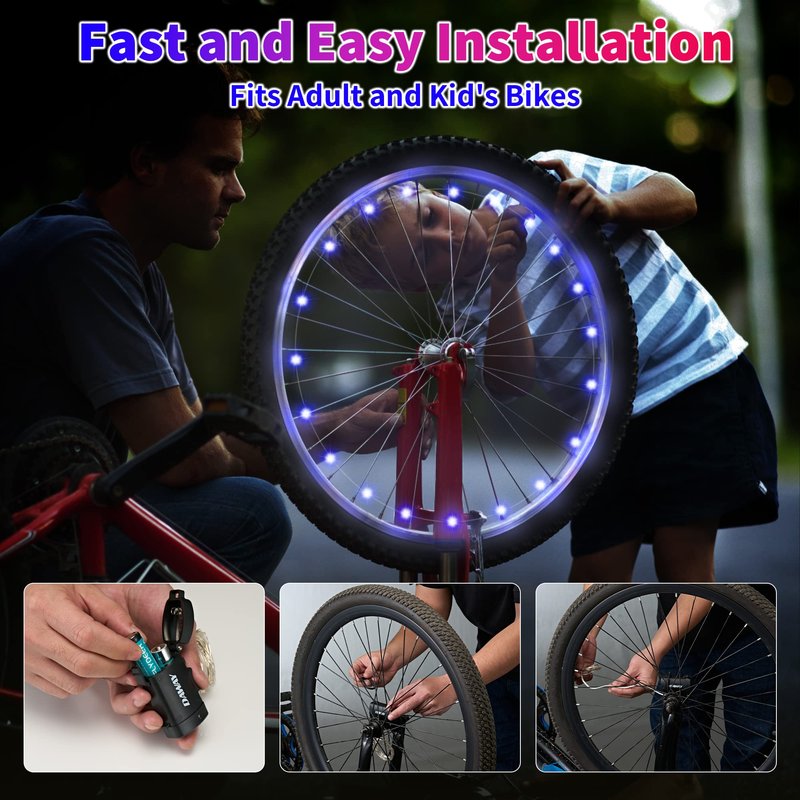DAWAY A01 LED Bike Wheel Lights (2 Tires, Blue) - Bright Bicycle Spoke Lights, 2 Modes, Waterproof Safety Bike Tire Lights, Fun Night Riding Accessories, with Batteries for Kids & Adults