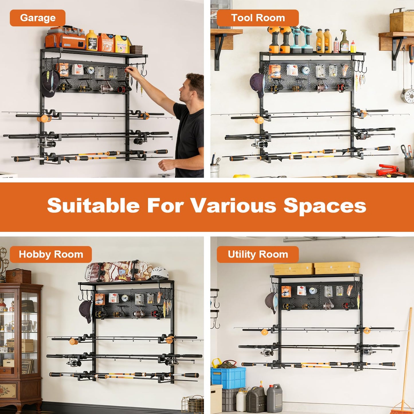 Olakee Wall Mount Fishing Rod Holders, Large Capacity Fishing Pole Holders for Garage Organizer, Horizontal Fishing Pole Rack Holds Up to 6 Rods with Pegboard & Hooks, Ideal Gift for Men Dad Anglers