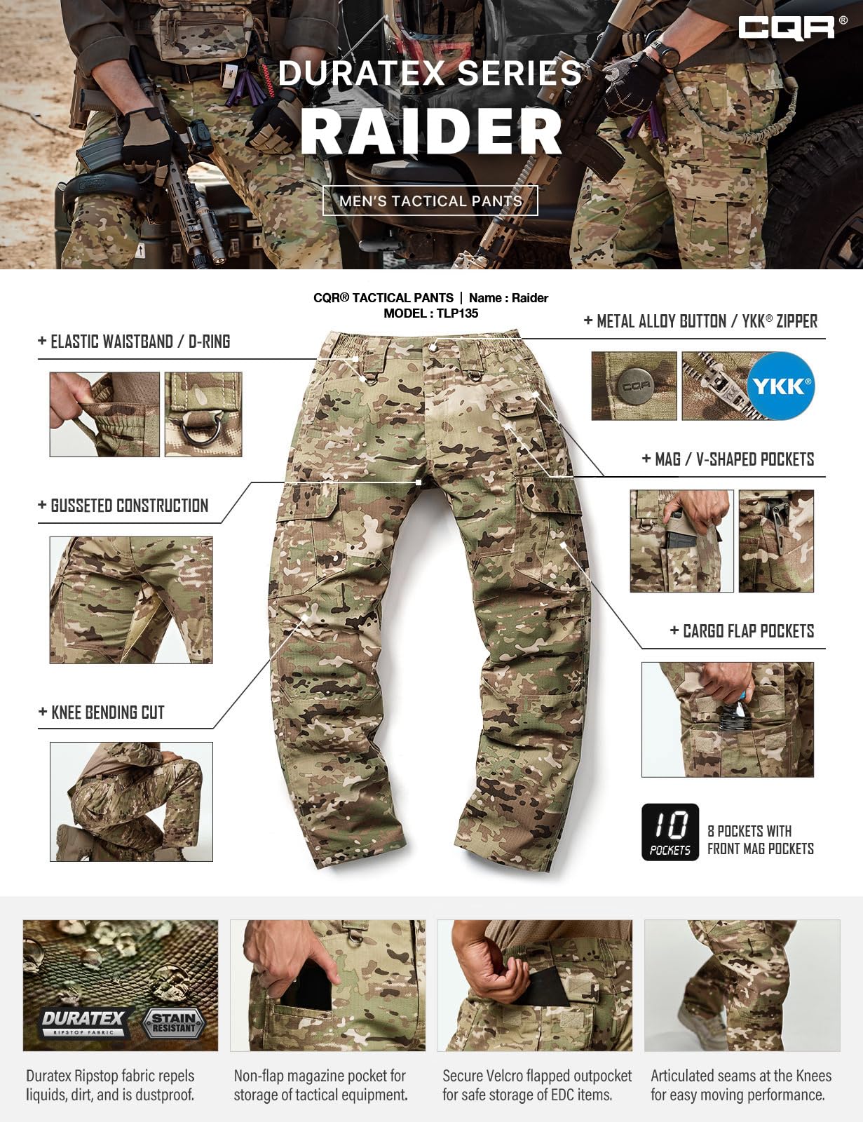CQR Men's Tactical Pants, Water Resistant Ripstop Cargo Pants, Lightweight EDC Work Hiking Pants, Outdoor Apparel, Duratex Mag Pocket Utility Camo, 40W x 30L