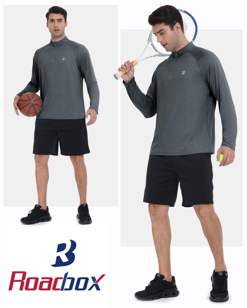 Roadbox Quarter Zip Pullover Men Golf Running Workout Long Sleeve Shirts Lightweight Quick Dry Athletic Rash Guard Shirt Gray