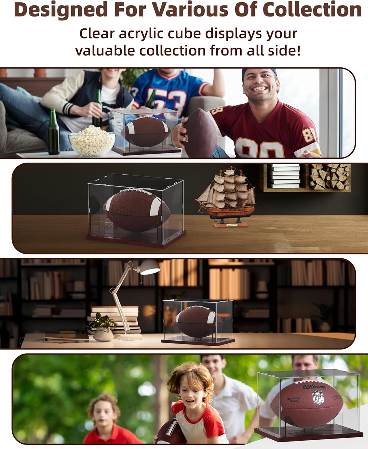 Acrylic Football Display Case - Full Size Stand Holder with Solid Wood Base | UV Protected for Fans & Collectors