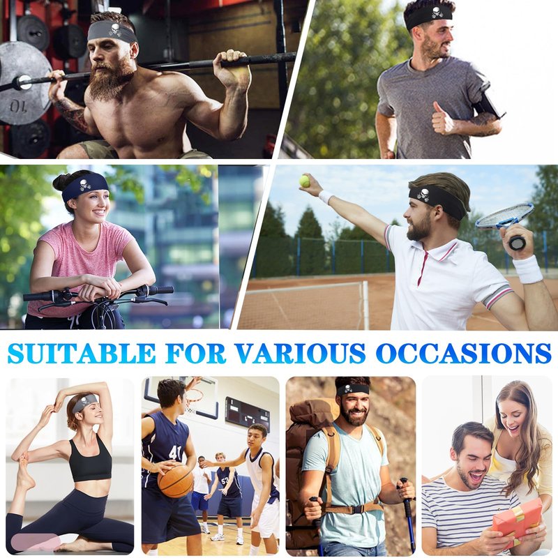 Mens Headbands Sweat Bands 3 Pcs Sweatbands for Men Women Sport Workout Cooling Headbands for Men Running Head Band Hair Band Skull Non Slip Men's Headband for Sweat Yoga Gym Tennis Skateboard Gifts