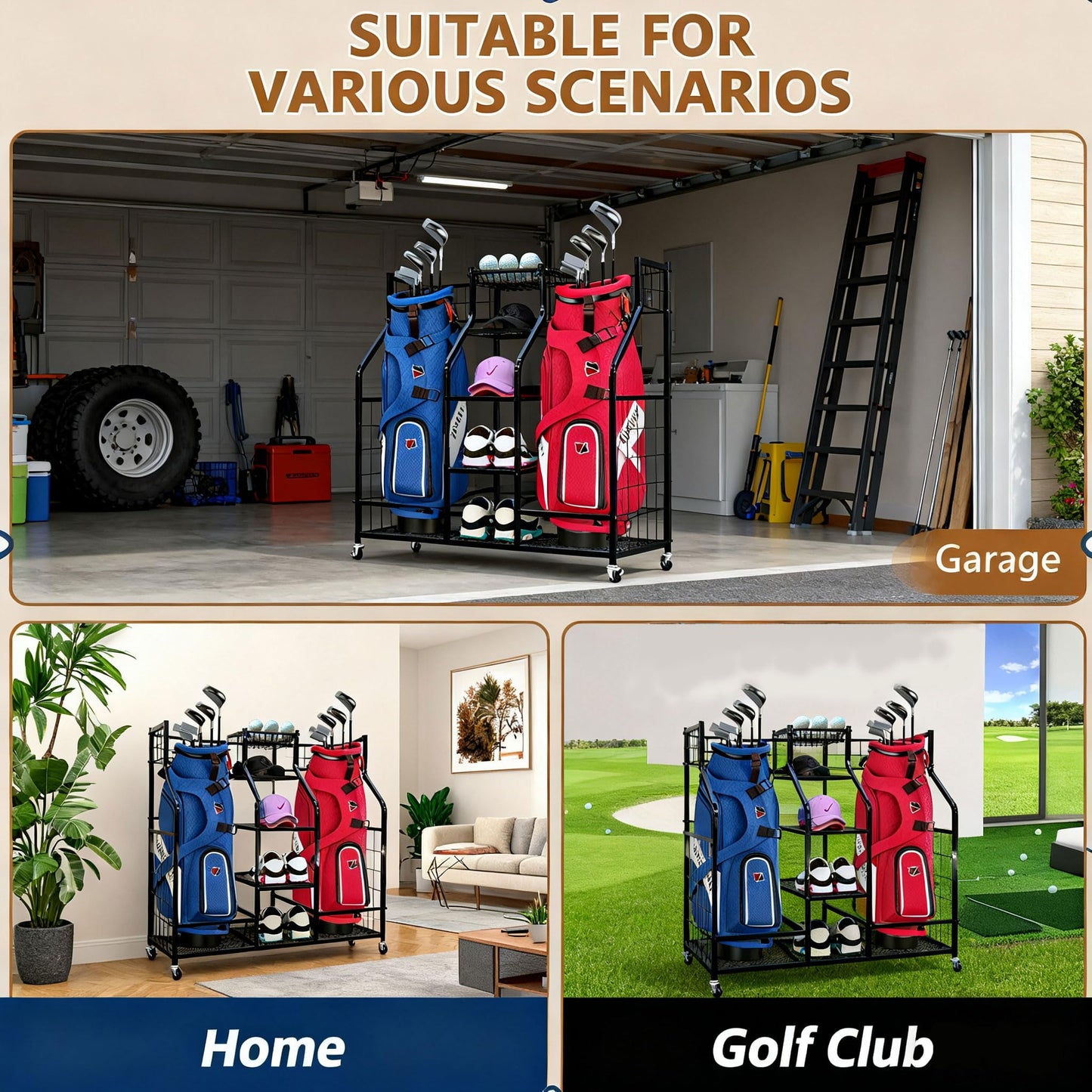 Golf Bag Storage Organizer Stand with Wheels - Heavy Duty Steel Rack Holds 2 Golf Bags with Central Storage Shelf for Golf Balls, Shoes & Accessories, Space Saving Garage Golf Club Equipment Holder