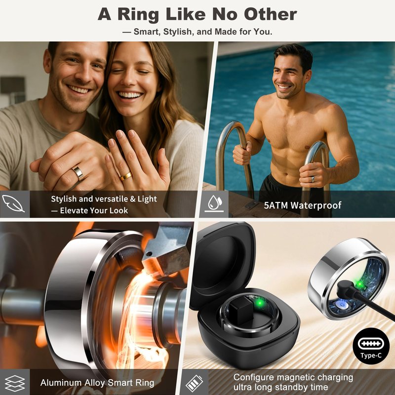 RIFESI Smart Ring for Women Men, Fashion Minimalist Fitness Ring & Sleep Tracker with Heart Rate,Blood Pressure, 5ATM Waterproof Health, No Subscription, Travel-Friendly Couple Gift (Gold, 011)