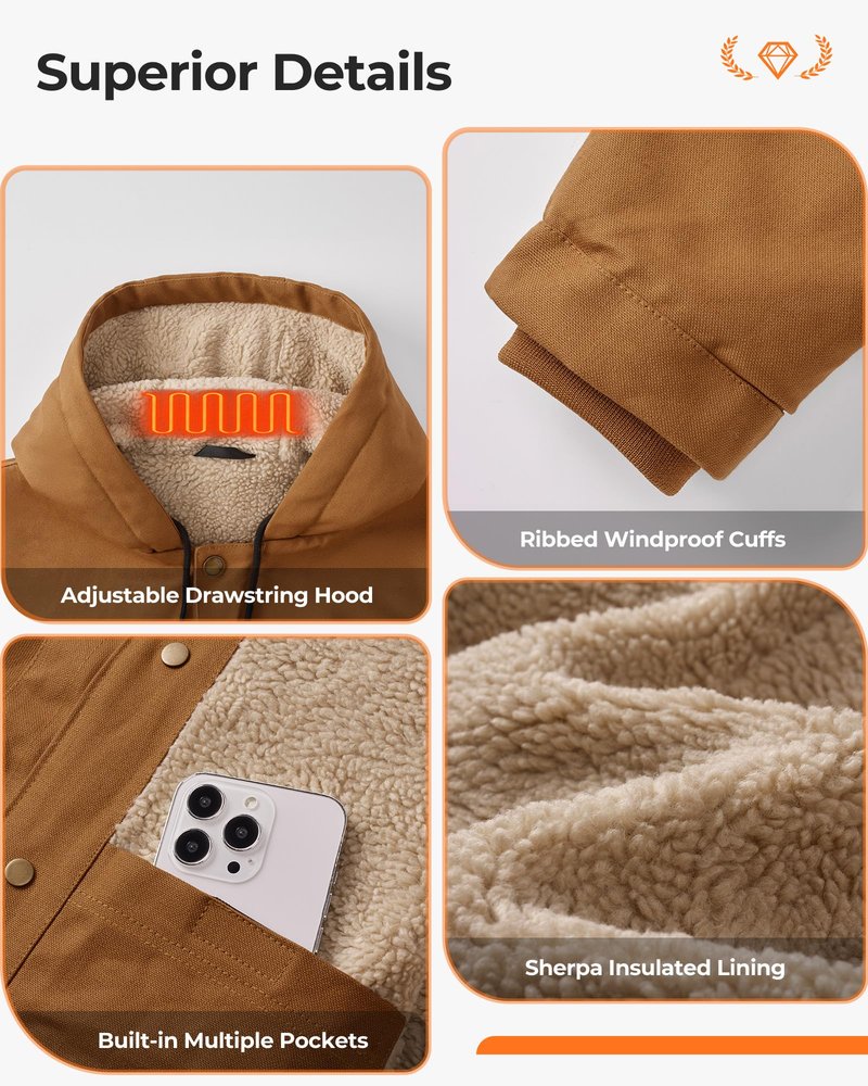Glaais Heated Jackets for Men with 12V 18400mAh Battery Pack Included, Mens Heated Jacket Rechargeable with Sherpa Lining-M