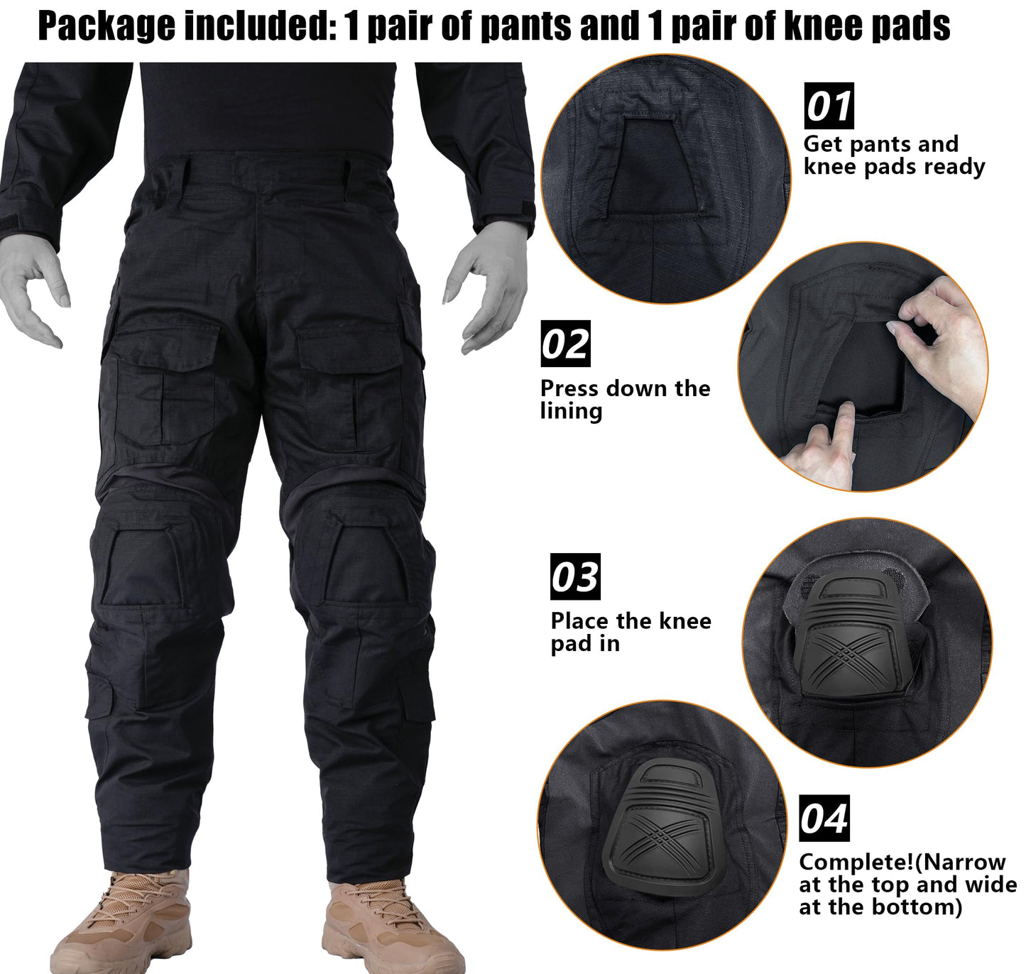 MERJAZ Men’s Tactical Pants with Knee Pads Waterproof G3 Combat Pants Camo Cargo Pants with 10 Pockets No Belt Black 34