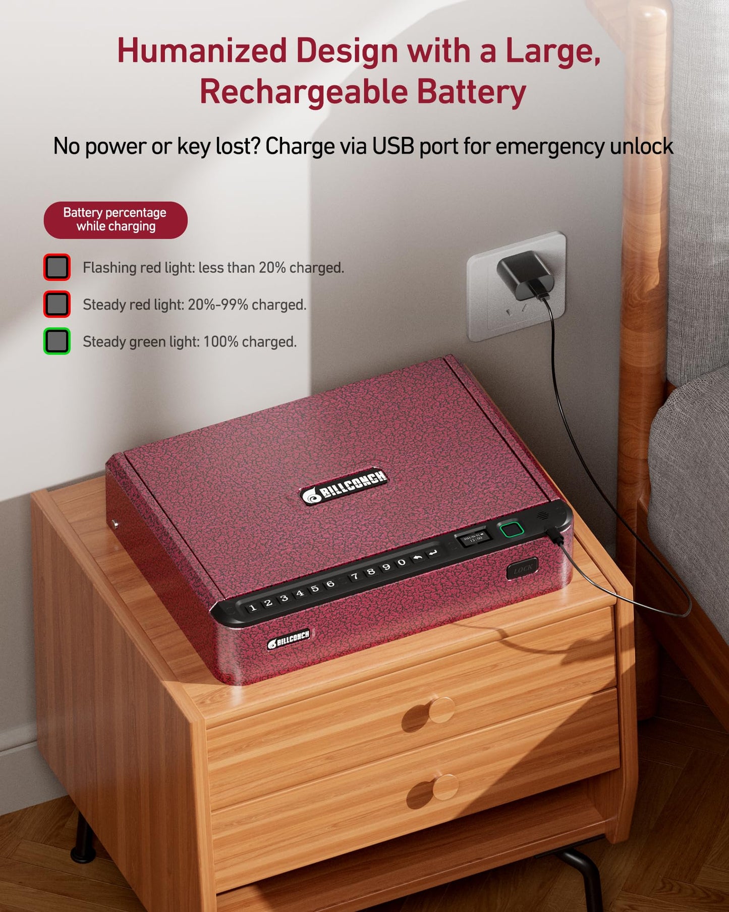 BILLCONCH Smart Gun Safe with 4 Quick-Access Methods, LCD & Security Cable