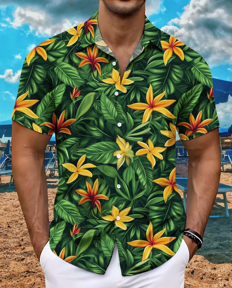 Mens Hawaiian Button Up Shirt Beach Vacation Cruise Tee Summer Tropical Palm Leaf Shirts Casual Unique Pattern Comfy Tops