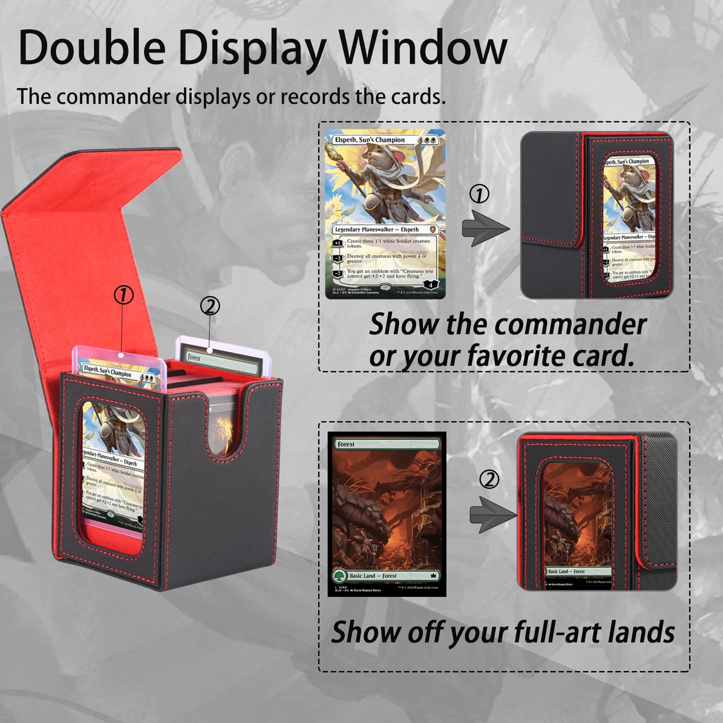 Commander Deck Box for MTG with double display windows,Card Storage Box Fits 120+ Single sleveed Cards,Magnetic Card Box with 2 Dividers&2 Toploaders for TCG Black/Green