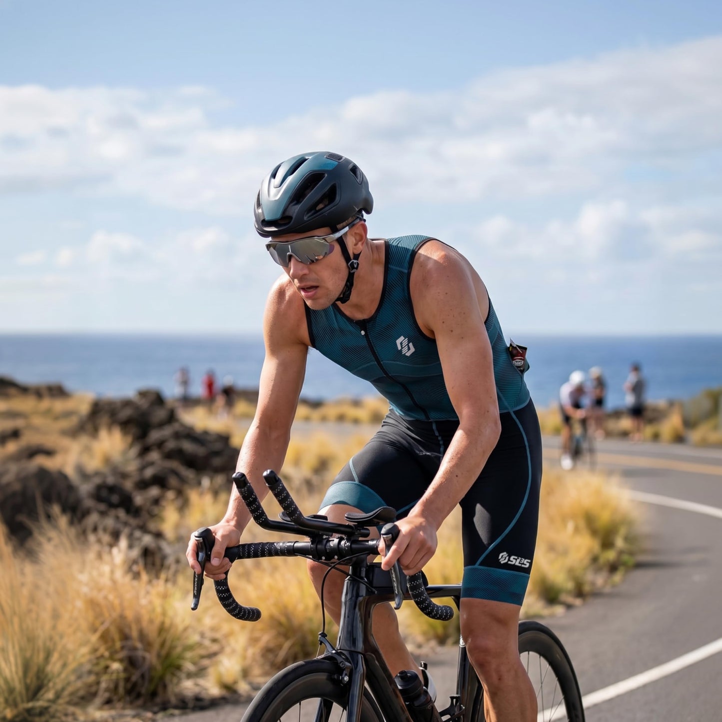 SLS3 Triathlon Suits Mens - Premium Trisuit Triathlon Men - Sleeveless, Quick Drying Tri Kit with Large Back Pocket (Navy Fractal, X-Large)