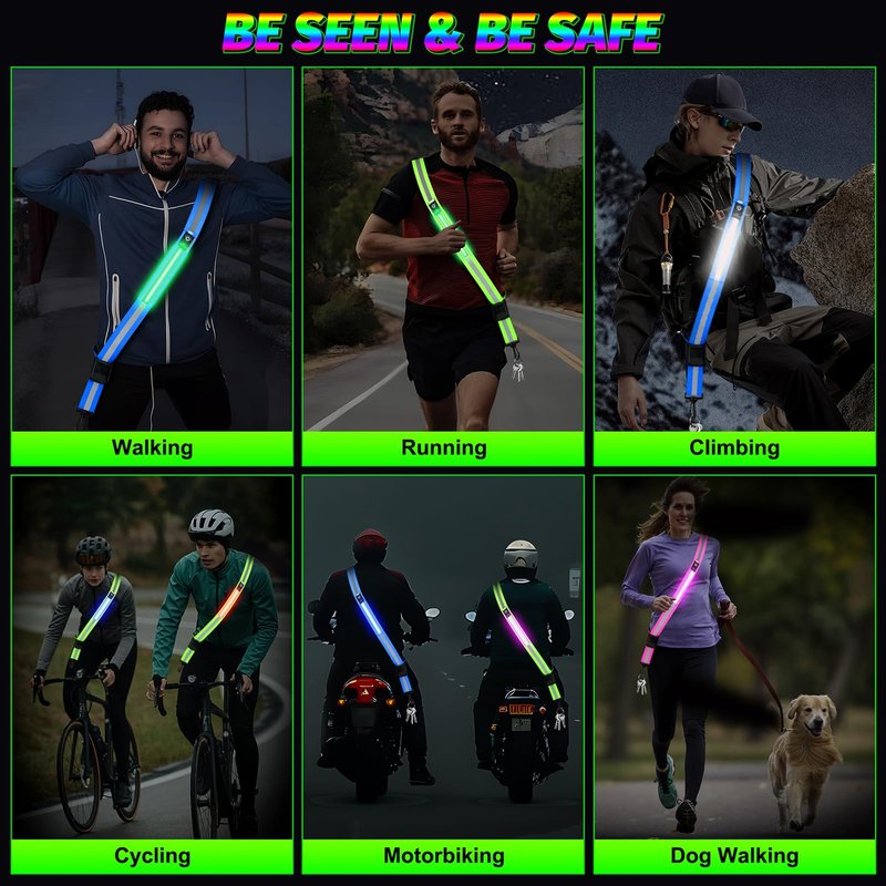 Bighaki808 LED Running Gear High Visibility Reflective Belt Sash, Adjustable Night Walking Safety Gear, Rechargeable Light Up Running Reflective Belt for Runners Walkers Men Women(Blue)