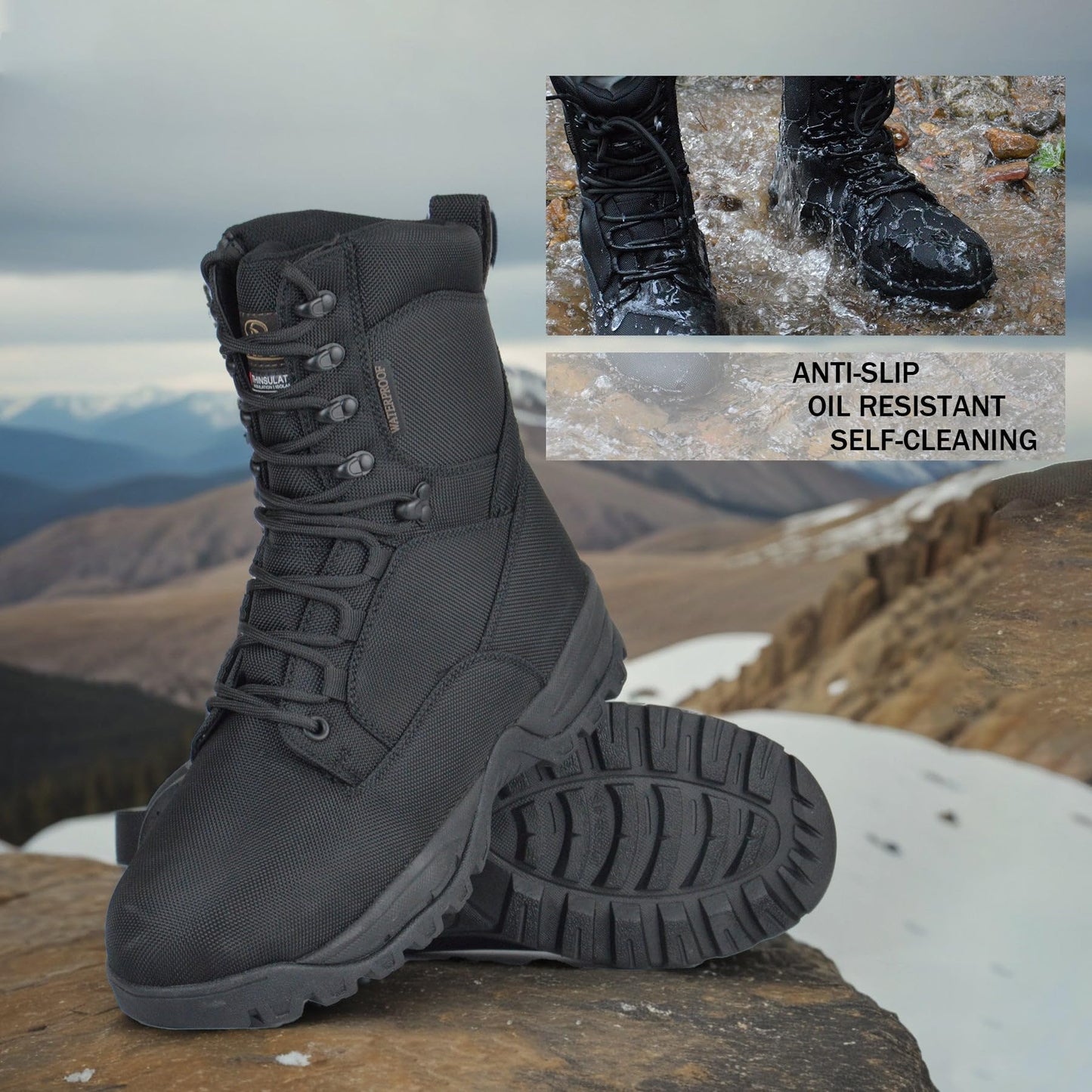 R RUNFUN Men's Waterproof Military Tactical Boots Lightweight Work Boot Insulated Hunting Boots, 8 Inches Lace-up Outdoor Boots, 400g Thinsulate(RF2301Black,Size12)