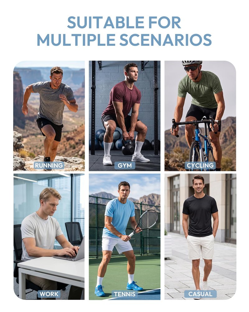 MCPORO Workout Shirts for Men Short Sleeve Quick Dry Athletic Gym Active T Shirt Moisture Wicking 3 Pack Black, Dark Grey, Blue Large