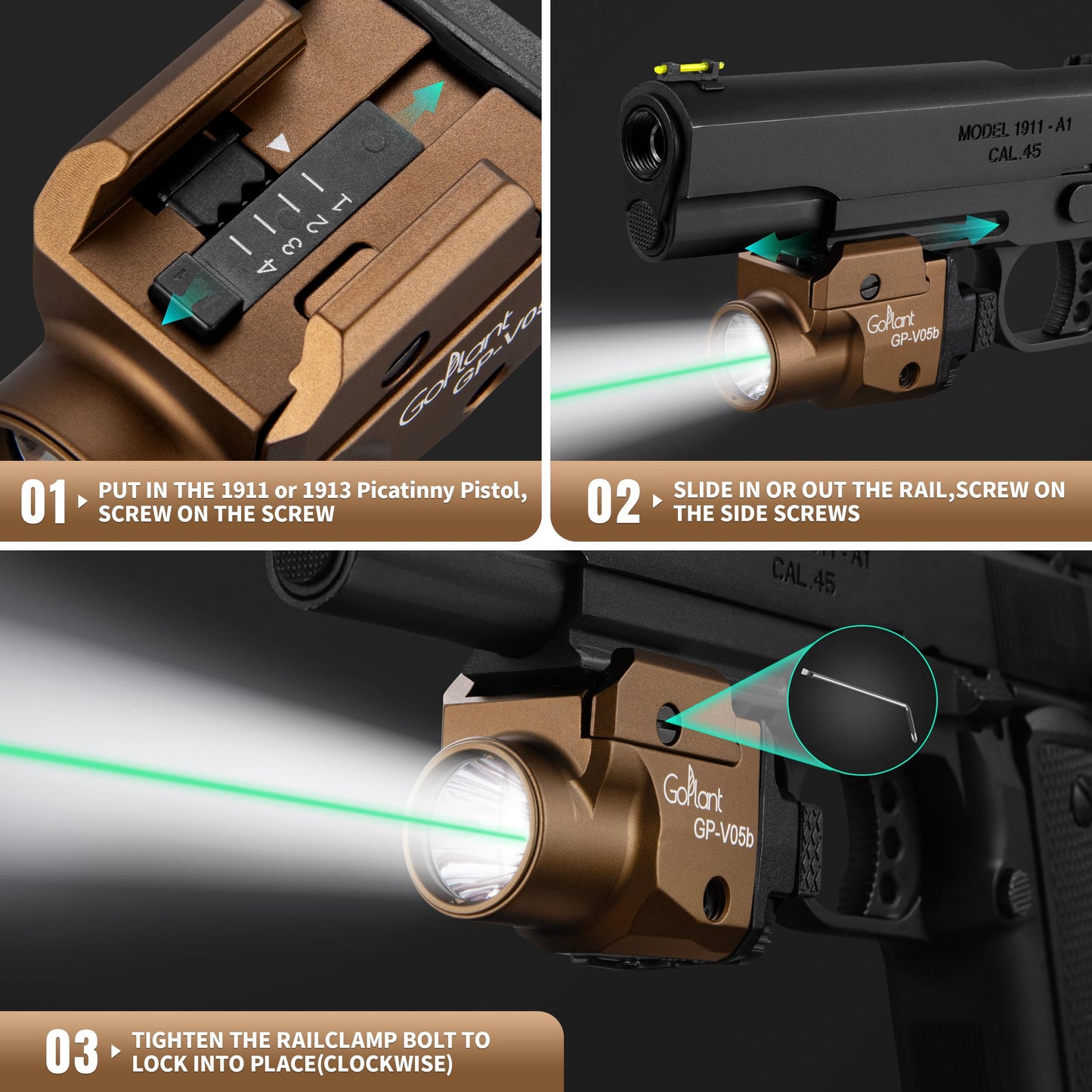 1500 Lumens Aircraft-Grade Aluminum Compact Pistol Flashlight, Picatinny Flashlights Laser Weapon Light, Subcompact Tactical Pistol Lights,Green Laser Light Combo For Handgun, Rechargeable Gun Laser