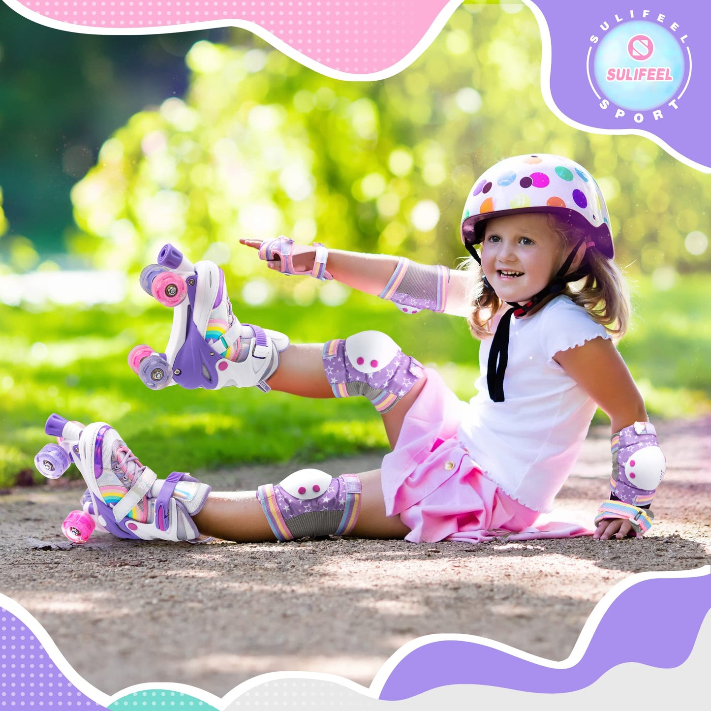 SULIFEEL Rainbow Unicorn 4 Size Adjustable Light up Roller Skates for Girls Boys for Kids Purple Medium