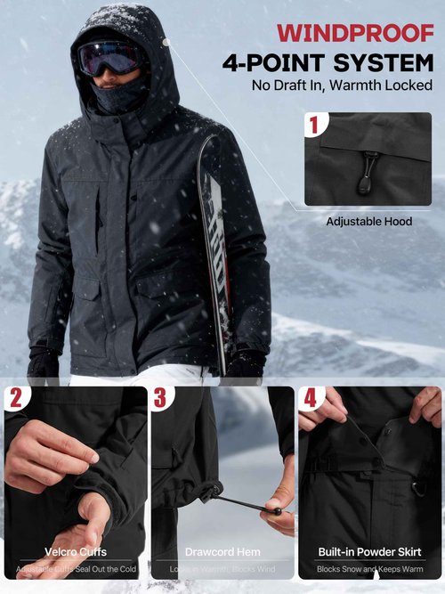 FREE SOLDIER Men's Waterproof Ski Jacket Fleece Lined Warm Winter Snow Coat with Hood Fully Taped Seams(Black,M)