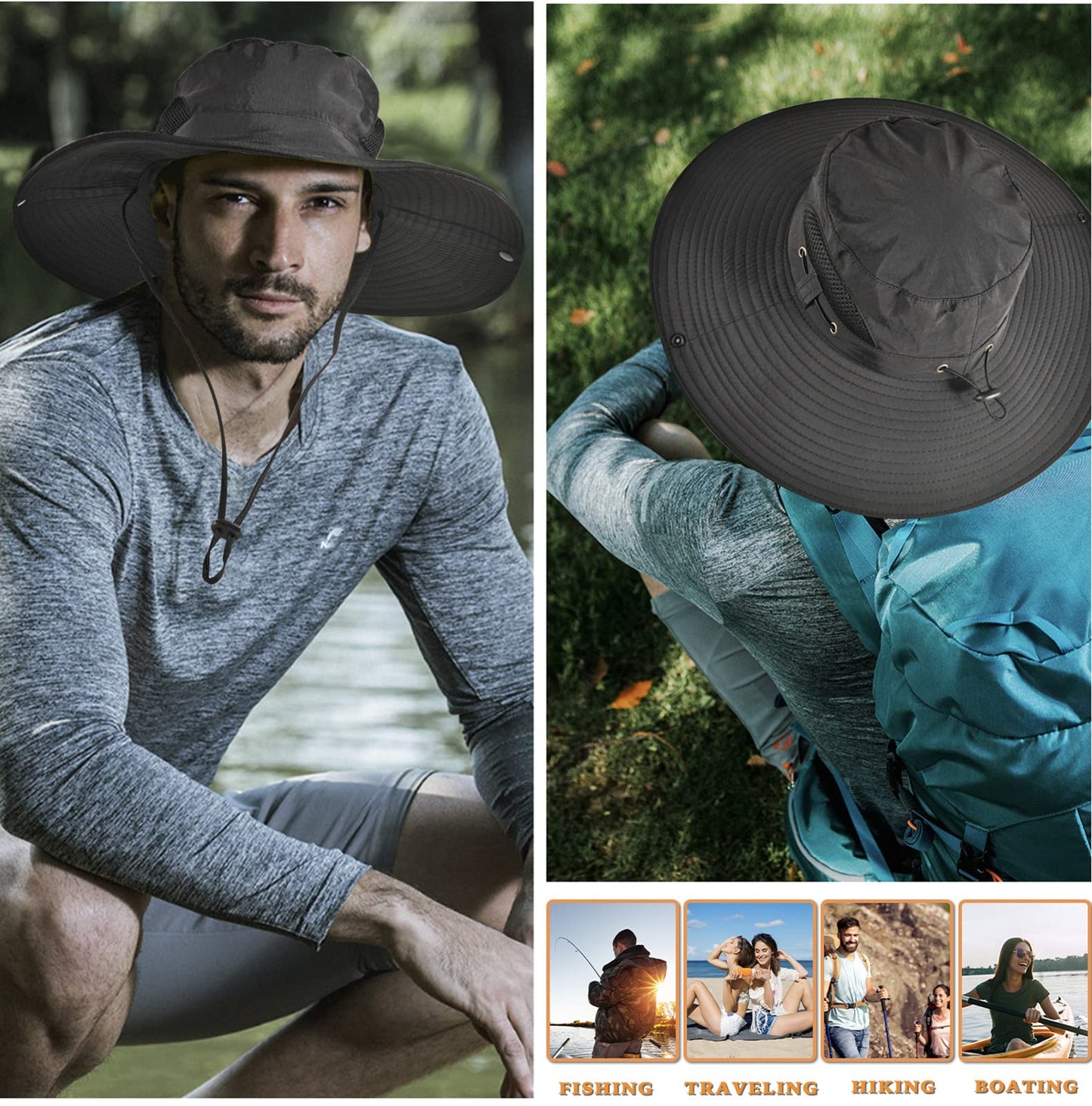 Wide Brim Fishing Sun Hat for Men Women, UPF 50+ Waterproof Bucket Boonie Hat Hiking Camping Safari Garden Beach