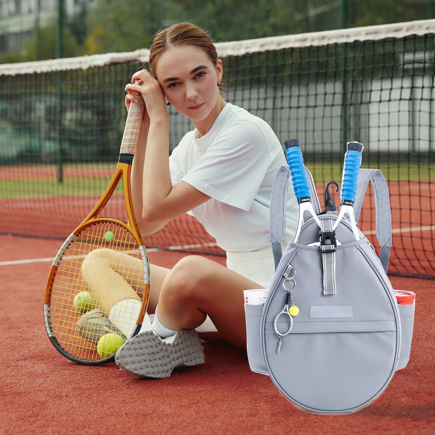 SPORJET Tennis Backpack with 2 Rackets Holder, Water-Resistant PU Leather Tennis Racket Bag for Women & Men, Sling Crossbody Sports Backpack for Tennis, Pickleball & Badminton, Tennis Gifts