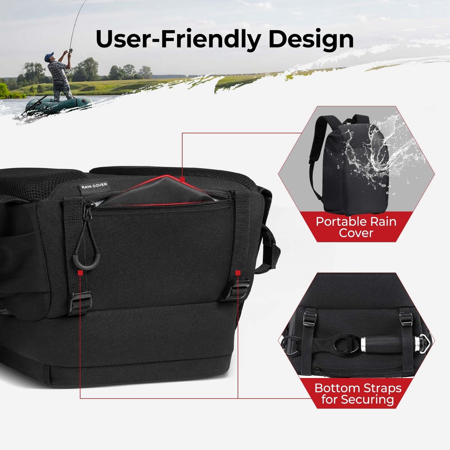 Piscifun Fishing Tackle Backpack with Rod & Gear Holder, Lightweight Outdoor Water-Resistant Fishing Shoulder Storage Bag with Protective Rain Cover, Black
