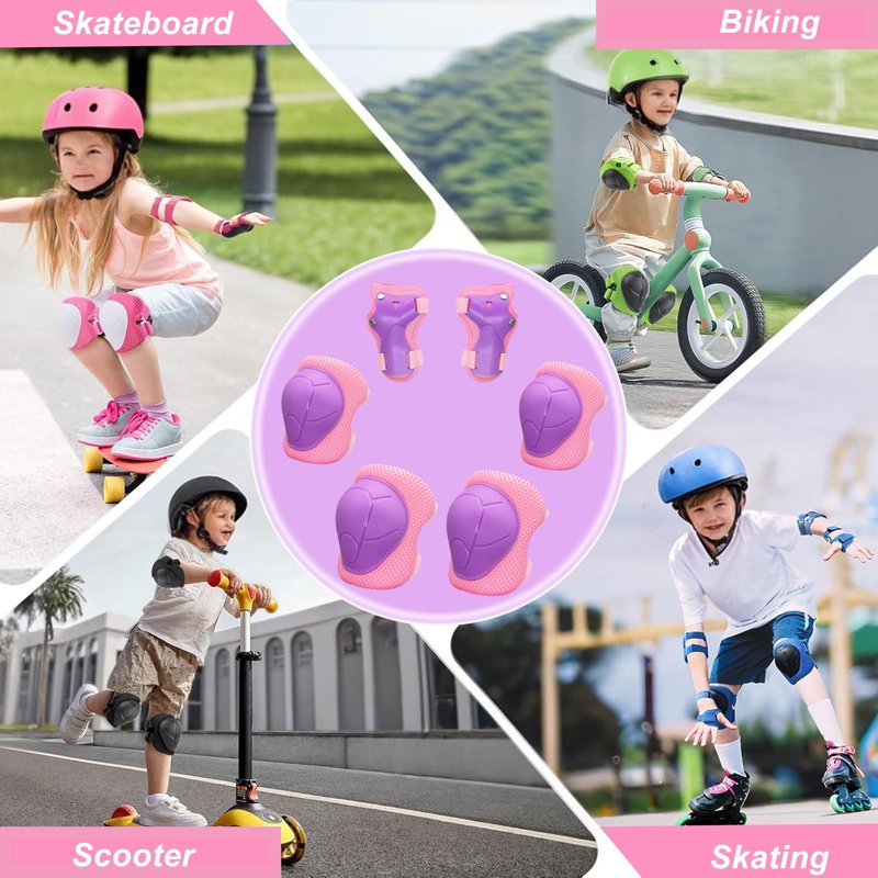 Kids Protective Gear Set, Knee Pads for Kids 3-10Years Toddler Knee and Elbow Pads with Wrist Guards Boys or Girls for Skating Cycling Bike Rollerblading Scooter Bike (Purple Pink, M(6-10years))