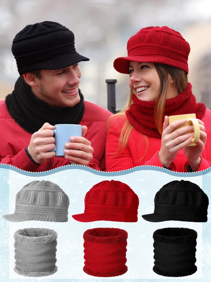 6 Pcs/3 Set Winter Hats with Brim for Women Neck Warmer Set Knit Beanie Hat Soft Warm Neck Scarf Stylish Skull Cap for Women(Red, Gray, Black)