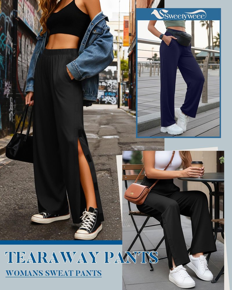 Sweetyweee 2 Pack Women's Tear Away Pants Side Full Open Post Surgery Sweatpants Breakaway Adaptive Casual Pants with Pockets(Navy Blue, Black,Medium)