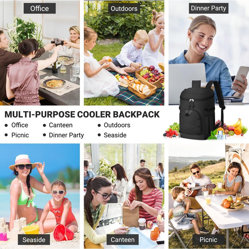 NECKORY Cooler Backpack, Lightweight and Large Capacity Soft Backpack Cooler, Leak Proof Bag for Men Women, Waterproof Insulated Lunch Bag Portable for Camping Traveling Hiking Office (Black)