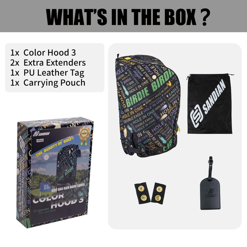 SANDIAN, Birdie Black, Golf Bag Rain Hood Cover, Waterproof 1260D Oxford Polyester, 12x20 Inches, Padded Protection, PU Coated, Two Sided Zipper, Adjustable Buckle Lock Fasteners, Snap Button Locking