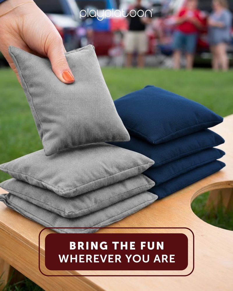 Play Platoon Weather Resistant Cornhole Bags - Set of 8 Regulation Size - Navy Blue & Gray - Durable Duck Cloth for Tossing Game, Includes Tote Bag