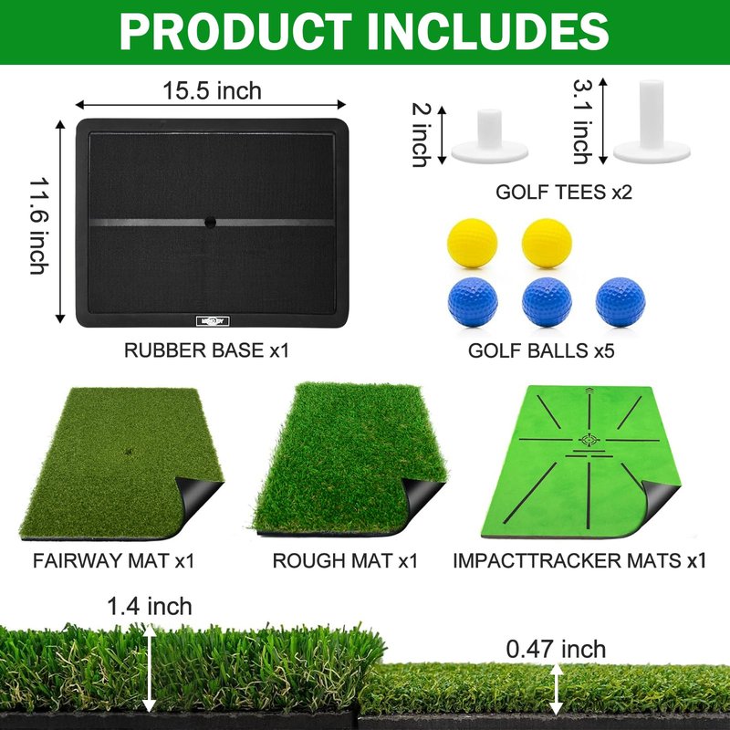 MONOJOY Golf Hitting Mats with Golf Tees Practice Indoor 3 PCS Replaceable Outdoor Golf Putting Chipping Artificial Dual Turf Training Mats Velvet Practice with No-Slip Heavy Duty Rubber Base