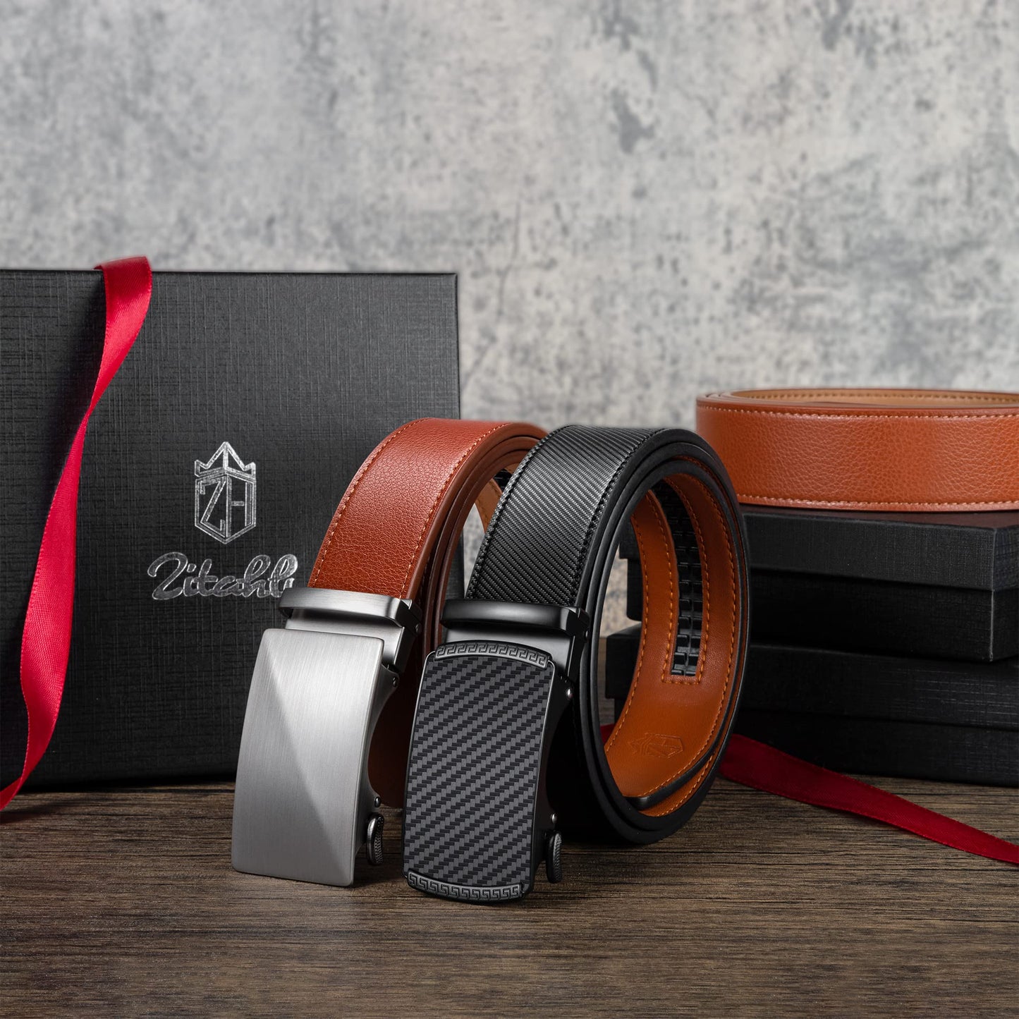 Zitahli Ratchet Belt for Men - 2 Packs Leather Mens belt For Gift Men Dress and Casual,Trim to Fit Size 34"-40"