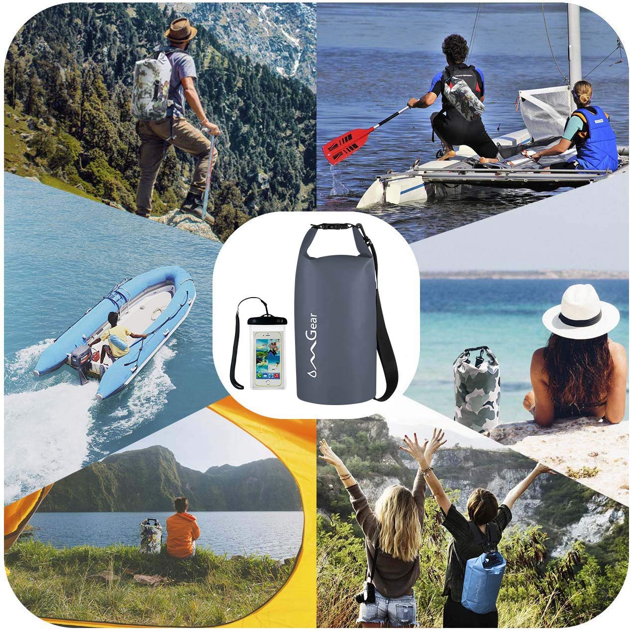 OMGear Waterproof Dry Bag Backpack Waterproof Phone Pouch 40L/30L/20L/10L/5L Floating Dry Sack for Kayaking Boating Sailing Canoeing Rafting Hiking Camping Outdoors Activities(Grey,5L)