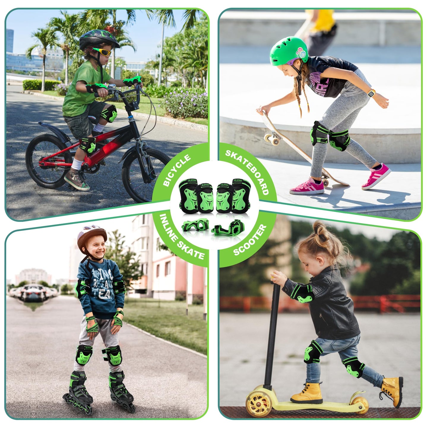 2PM SPORTS Knee Pads for Kids, Wrist Guards Knee and Elbow Pads Set with Drawstring Bag, Protective Gear Set for Girls Boys Roller Skating Cycling Skateboard - Green Small