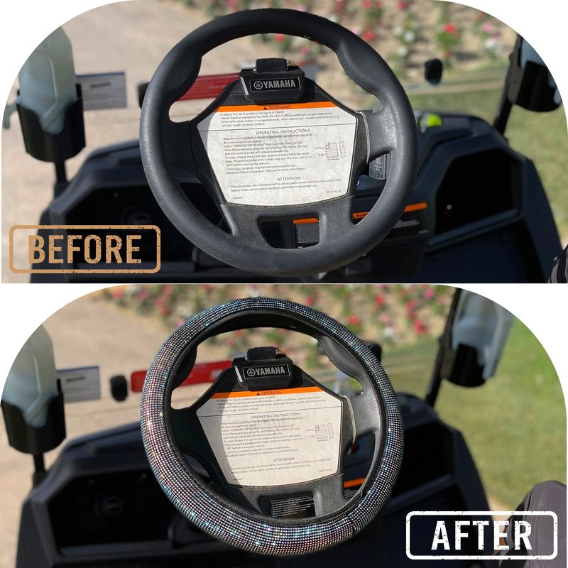 Universal Colorful Bling Crystal Diamond Rhinestones Golf Cart Steering Wheel Cover fits Club Car, Yahama, EZGO, Anti Slip Cover Easy to Install, Great Gifts for Golfer Women Womens (White Diamond)