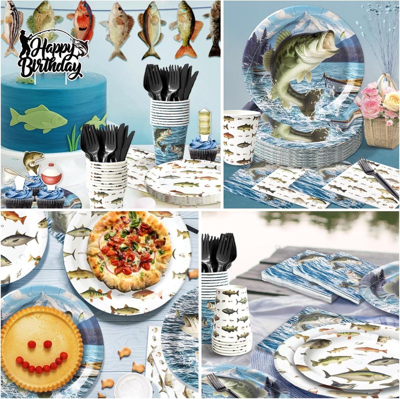Fishing Birthday Party Decorations Set - 197 Pcs for 24 Guests | Banners, Cake Toppers, Plates & Balloons