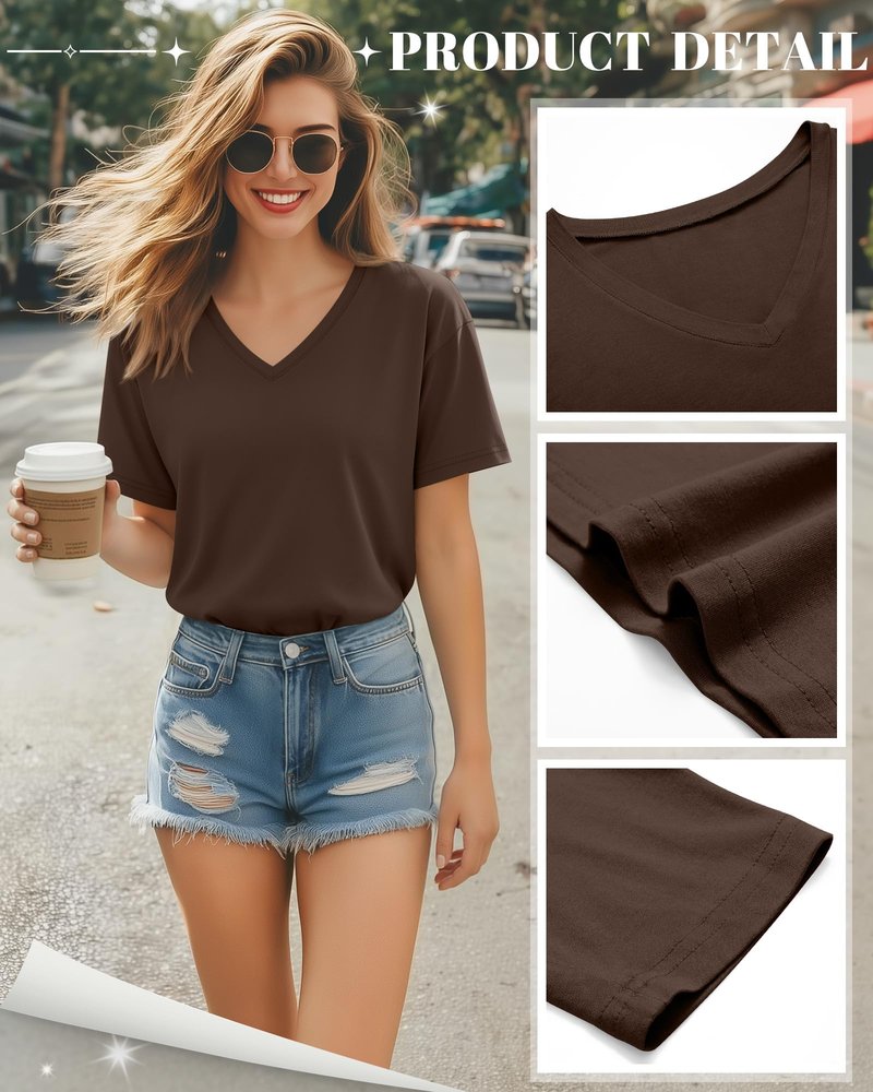 Huukeay Womens 5 Pack V Neck Basic Tees Comfortable Casual Short Sleeve T Shirts Solid Color Tops for Summer Flat Hem(Cream, Brown, White, Light Gray, Black,X-Large)