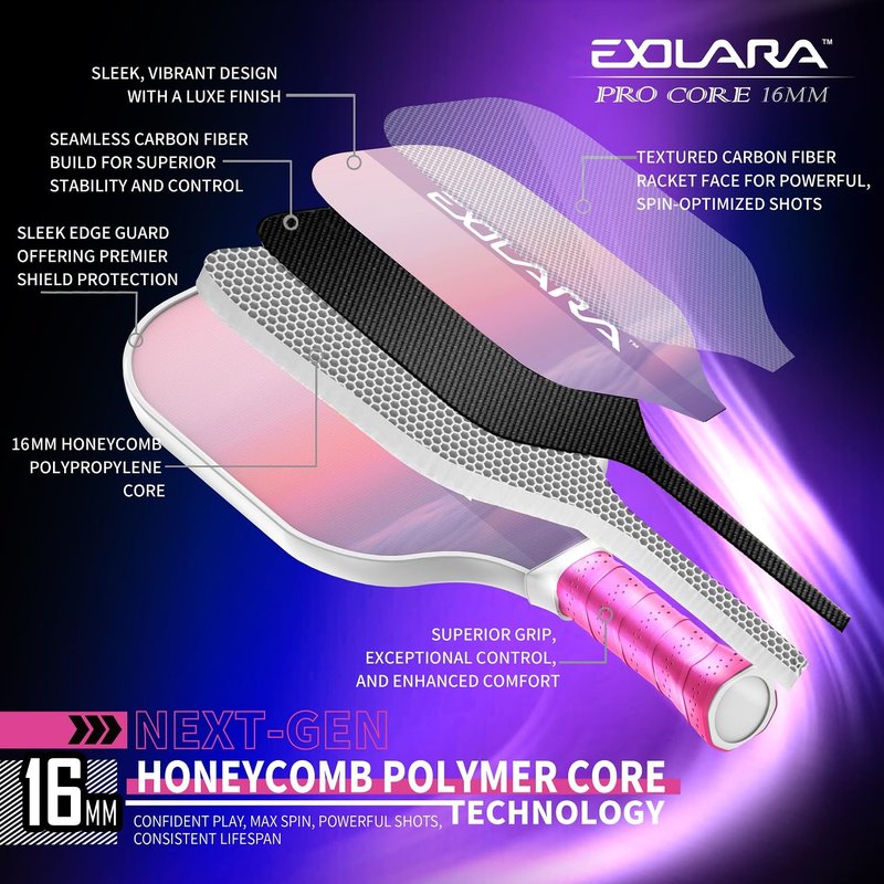 EXOLARA Stylish Pickleball Paddle with Cover Case, Graphite Carbon Fiber Surface, Honeycomb Core, Non-Slip Grip Tape Paddle Cover Set Protective Edge for Beginners & Intermediate Players