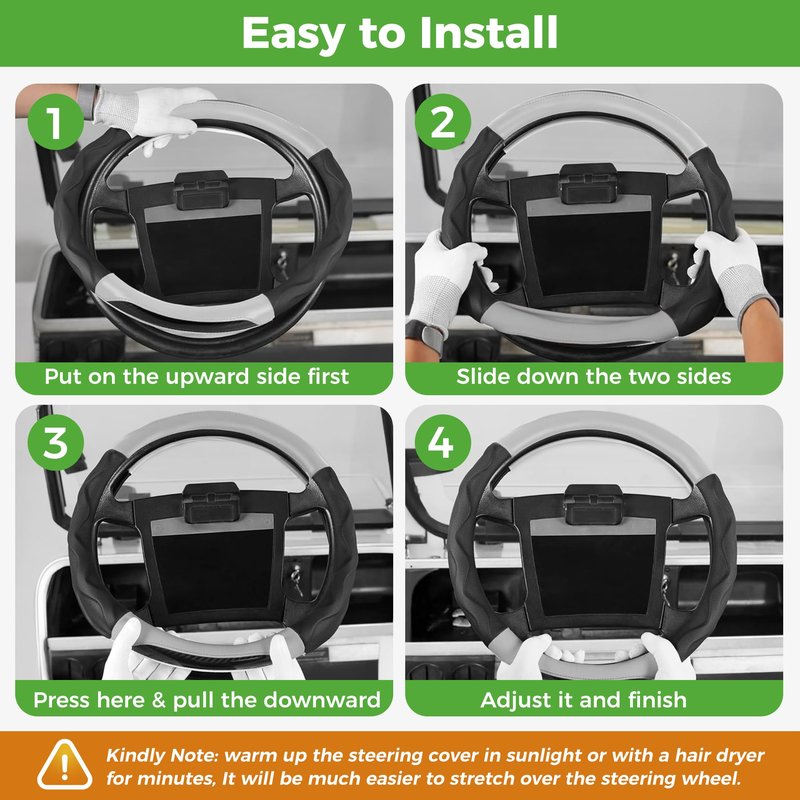 10L0L Golf Cart Steering Wheel Cover 14 inch for Club Car DS Precedent and Yamaha Models, PU Leather Rubber Anti-Slip Grip, Breathable All-Season Protector, Black+Grey