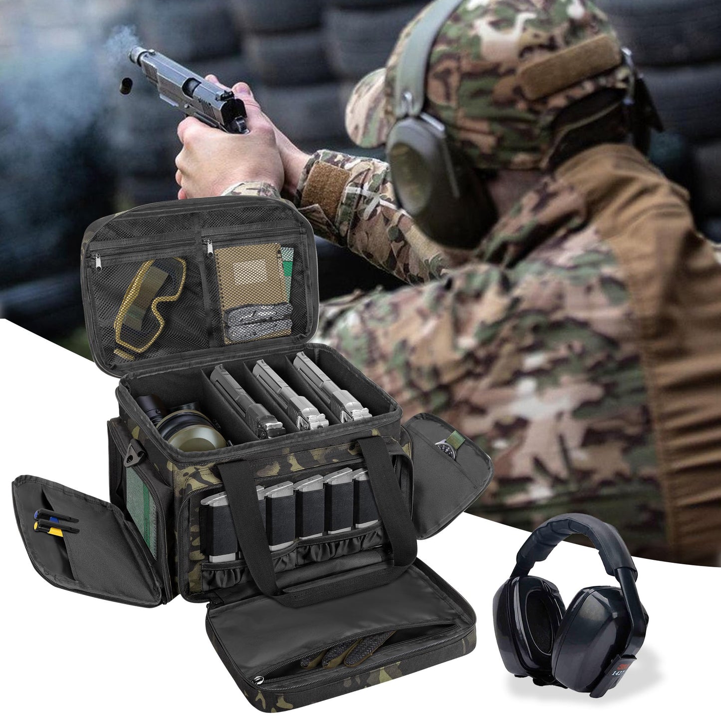 DSLEAF Tactical Gun Range Bag for 4 Handguns, Pistol Shooting Range Bag with 6X Magazine Slots and Extra Pockets for Ammo and Essentials