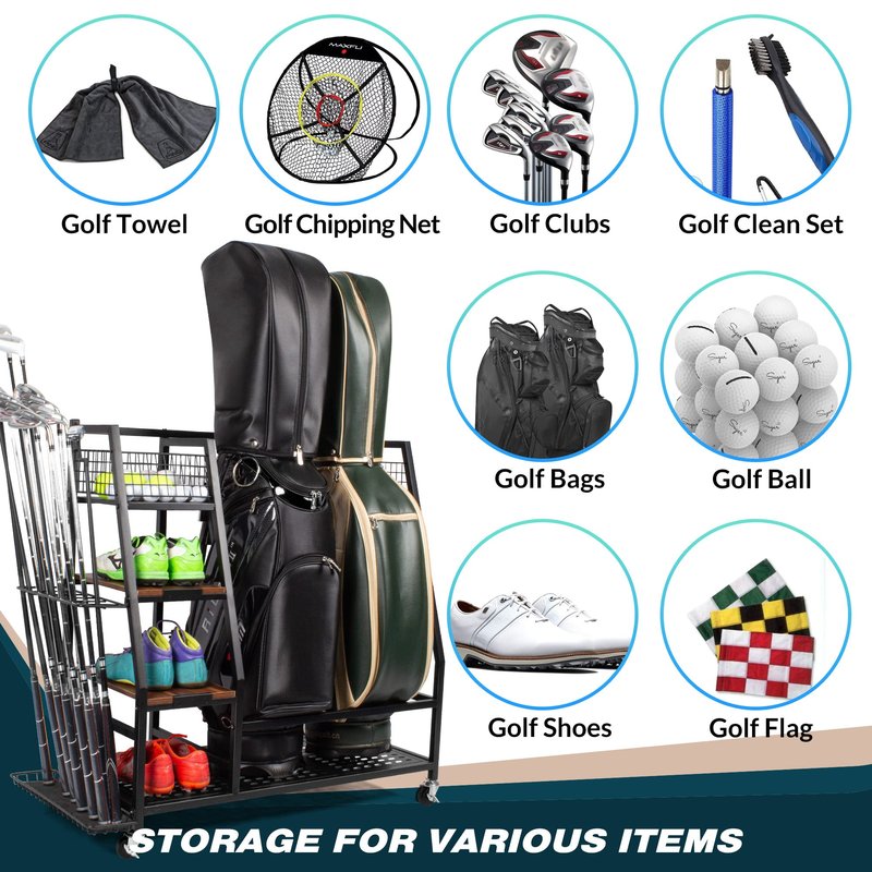 Sttoraboks 2 Golf Bags Storage Garage Organizer, Golf Bag Rack Fits 2 Golf Bags and Golf Equipment Accessories, Golf Club Storage Stand with Wooden Shelf and Lockable Wheels for Garage Indoor Basement