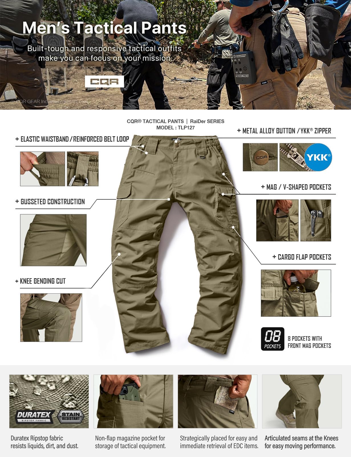 CQR Men's Tactical Pants, Water Resistant Ripstop Cargo Pants, Lightweight EDC Work Hiking Pants, Outdoor Apparel, Raider Mag Pocket Soil Green, 36W x 32L