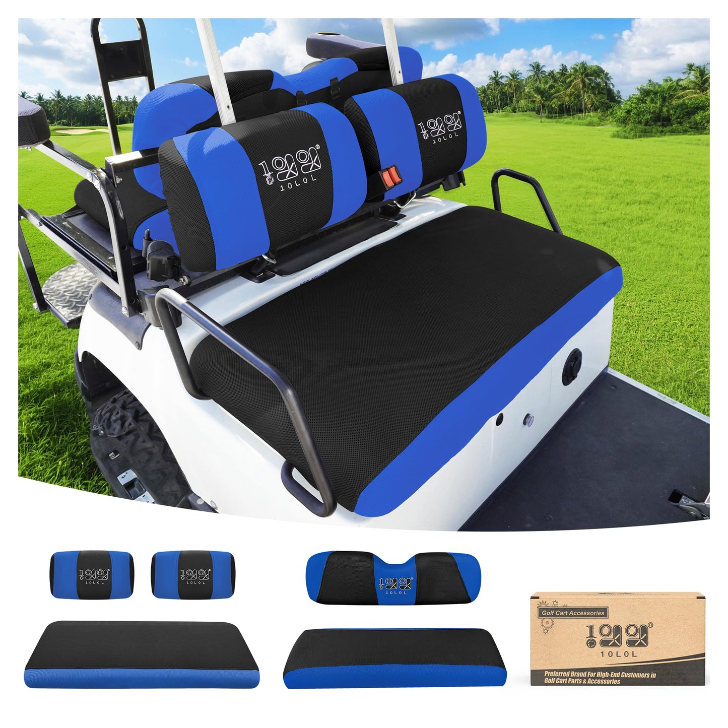 10L0L Golf Cart Front Rear Seat Covers for Yamaha G2 G14 G16 G19 G22, Club Car DS pre-2000, Tomberlin Emerge, EZGO Marathon, Made w/ 3D Air Mesh Polyester Fabric Breathable Washable - Blue and Black