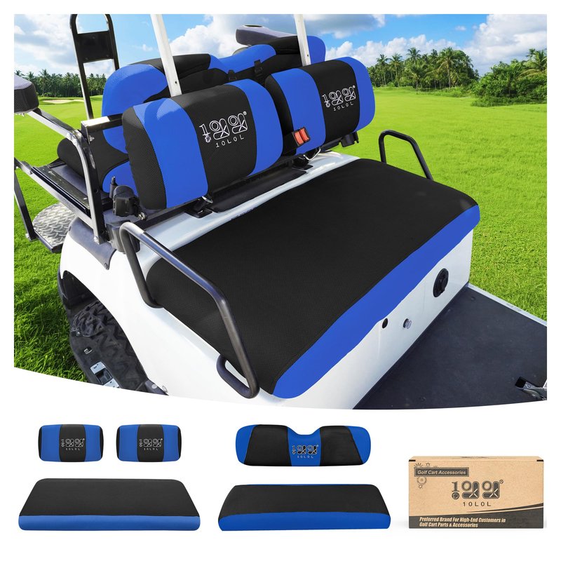 10L0L Golf Cart Front Rear Seat Covers for Yamaha G2 G14 G16 G19 G22, Club Car DS pre-2000, Tomberlin Emerge, EZGO Marathon, Made w/ 3D Air Mesh Polyester Fabric Breathable Washable - Blue and Black