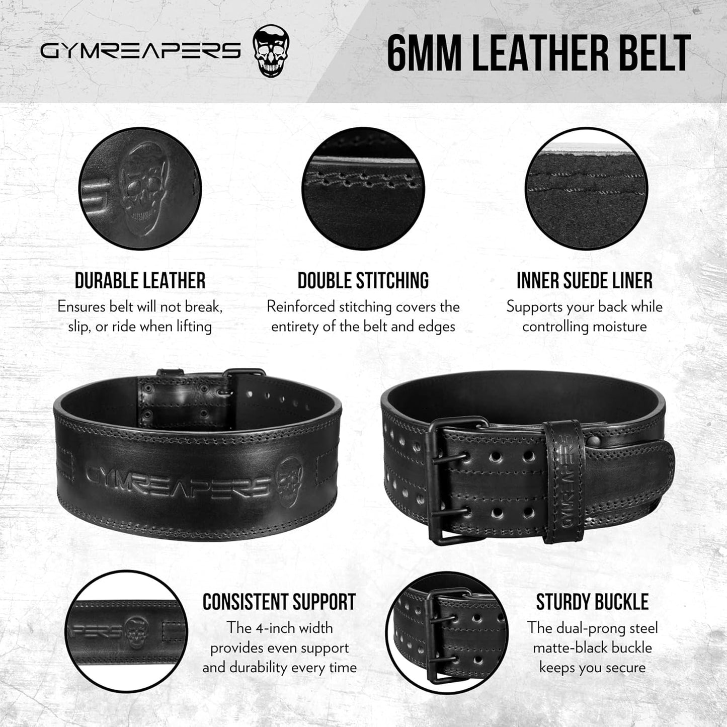 Weightlifting Belt - 6MM Genuine Leather Double Prong | Heavy Duty 4-Inch Wide for Strong Back Support in Deadlifts & Squats