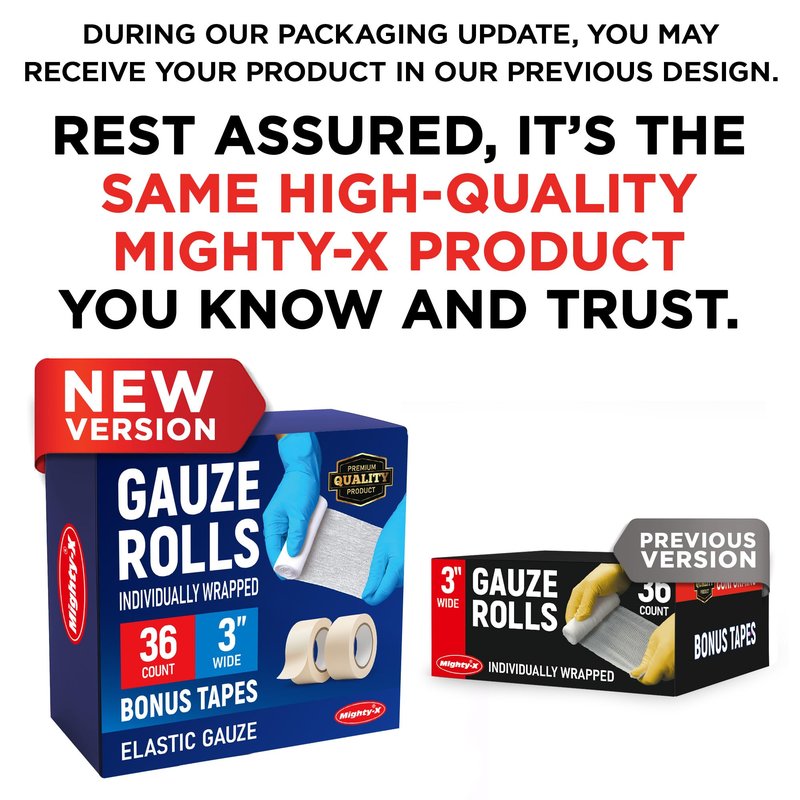 36 Gauze Rolls - 3" x 4.1yd - Soft and Breathable Rolled Gauze - Latex-Free Premium Individually Wrapped Bandages with Bonus Tape - First Aid Conforming Stretch Wrap for Wound Care - Vet Wrap