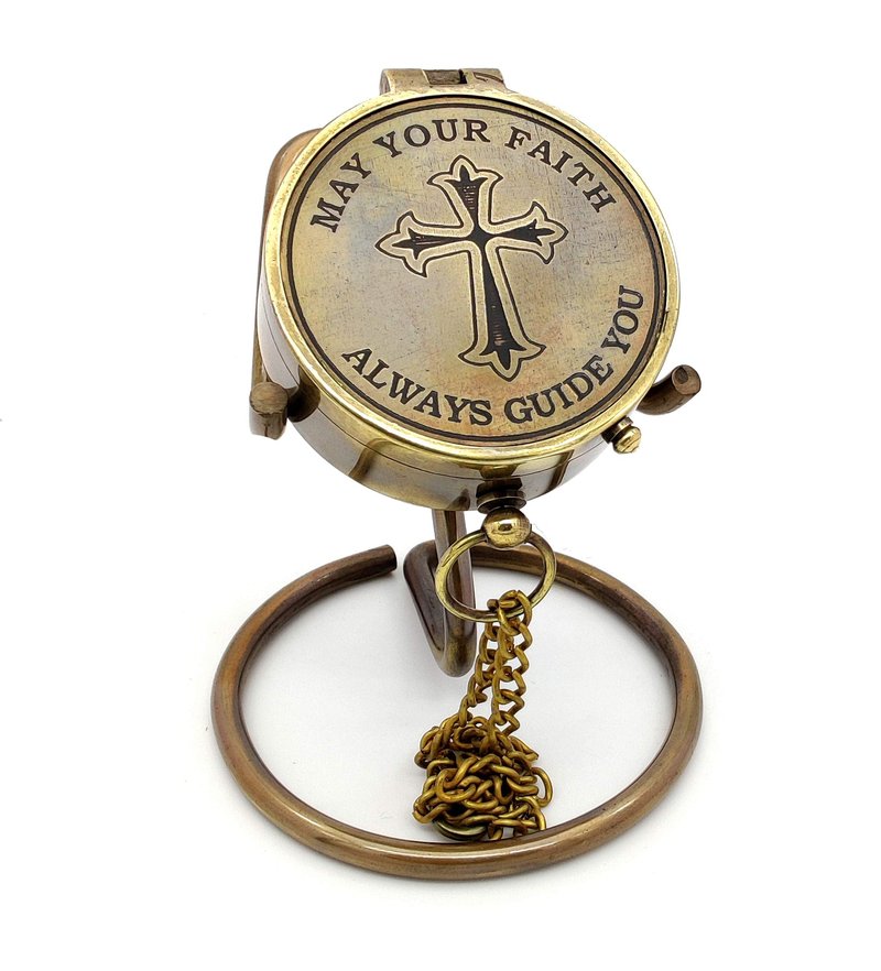 5MOONSUN5's Brass Compass Cross and May Your Faith Always Guide You Engraved. Keepsake Confirmation Gift Ideas, Heavenly Gift of Faith. The Perfect Baptism, Missionary, Birthday with Display Stand.